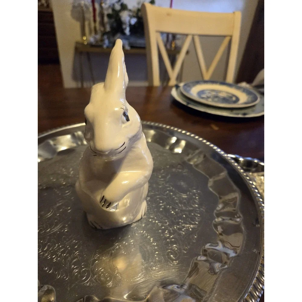 charming vintage glazed ceramic white bunny rabbit figurine, Easter, Cottagecore